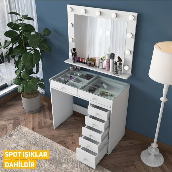 ✨ Hollywood Işıklı Kulis Makyaj Masası – Cam Tablalı Şıklık