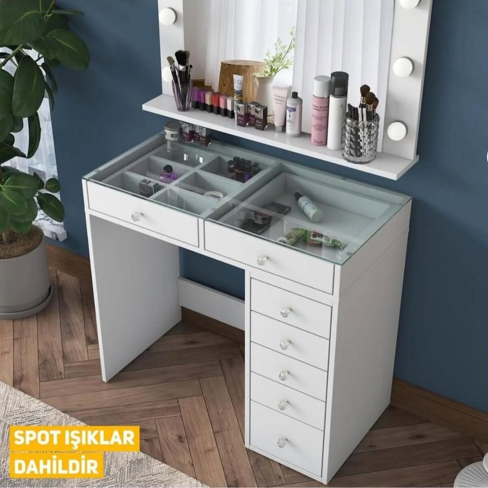 ✨ Hollywood Işıklı Kulis Makyaj Masası – Cam Tablalı Şıklık - Görsel 5