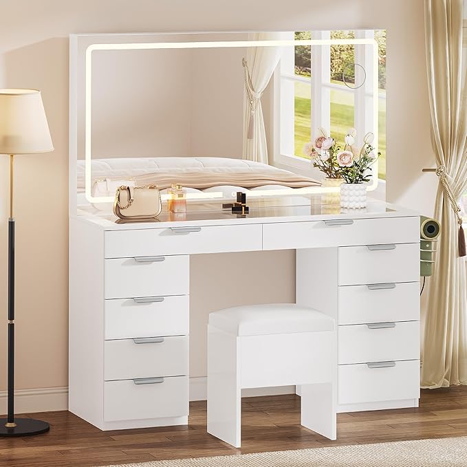 LUXURY 10 Çekmeceli LED Işıklı Makyaj Masası Seti - Saf Beyaz/Siyah