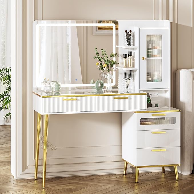 Luxury  Siyah Modern Makyaj Masası: Aydınlatmalı Ayna ve Geniş Depolama Alanı ile