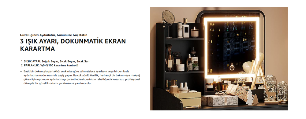 LUXURY LED Işıklı Makyaj Masası Seti - SİYAH/BEYAZ Renk Seçenekleri İle - Görsel 3