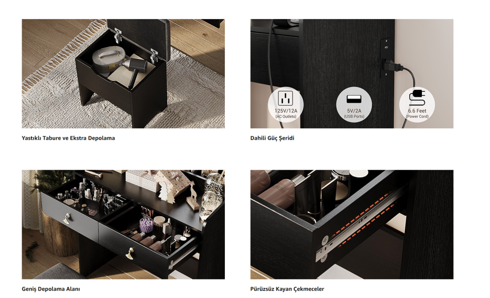 LUXURY LED Işıklı Makyaj Masası Seti - SİYAH/BEYAZ Renk Seçenekleri İle - Görsel 4