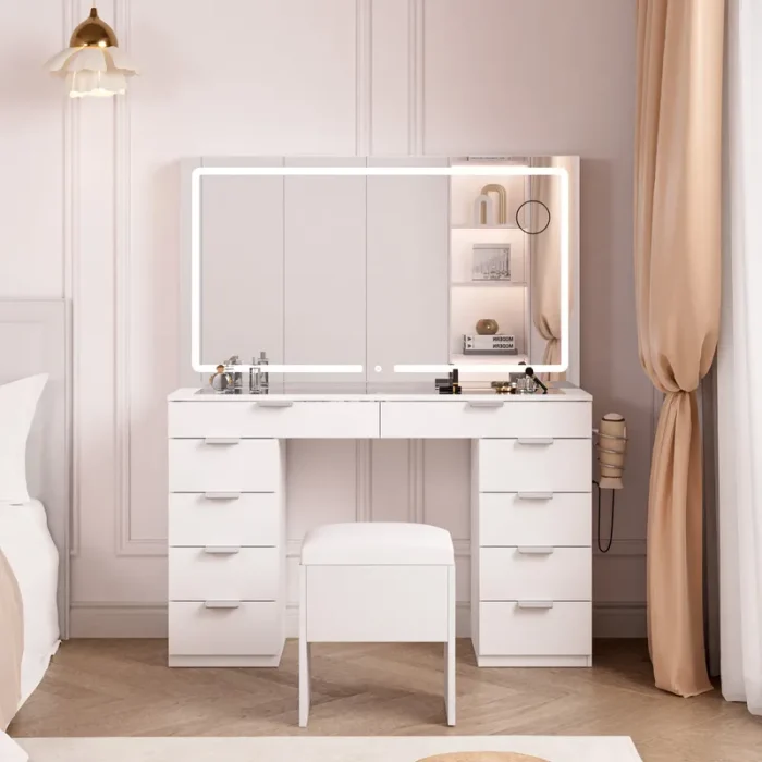 Luxury Modern Siyah Cam Üst Makyaj Masası Seti - LED Işıklı Ayna ve 10 Çekmeceli
